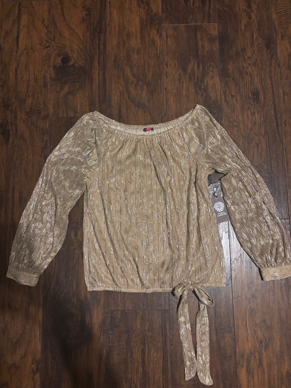Women's Vince Camuto Metallic Gold Beige Shimmer Tie-Hem Long Sleeve Blouse